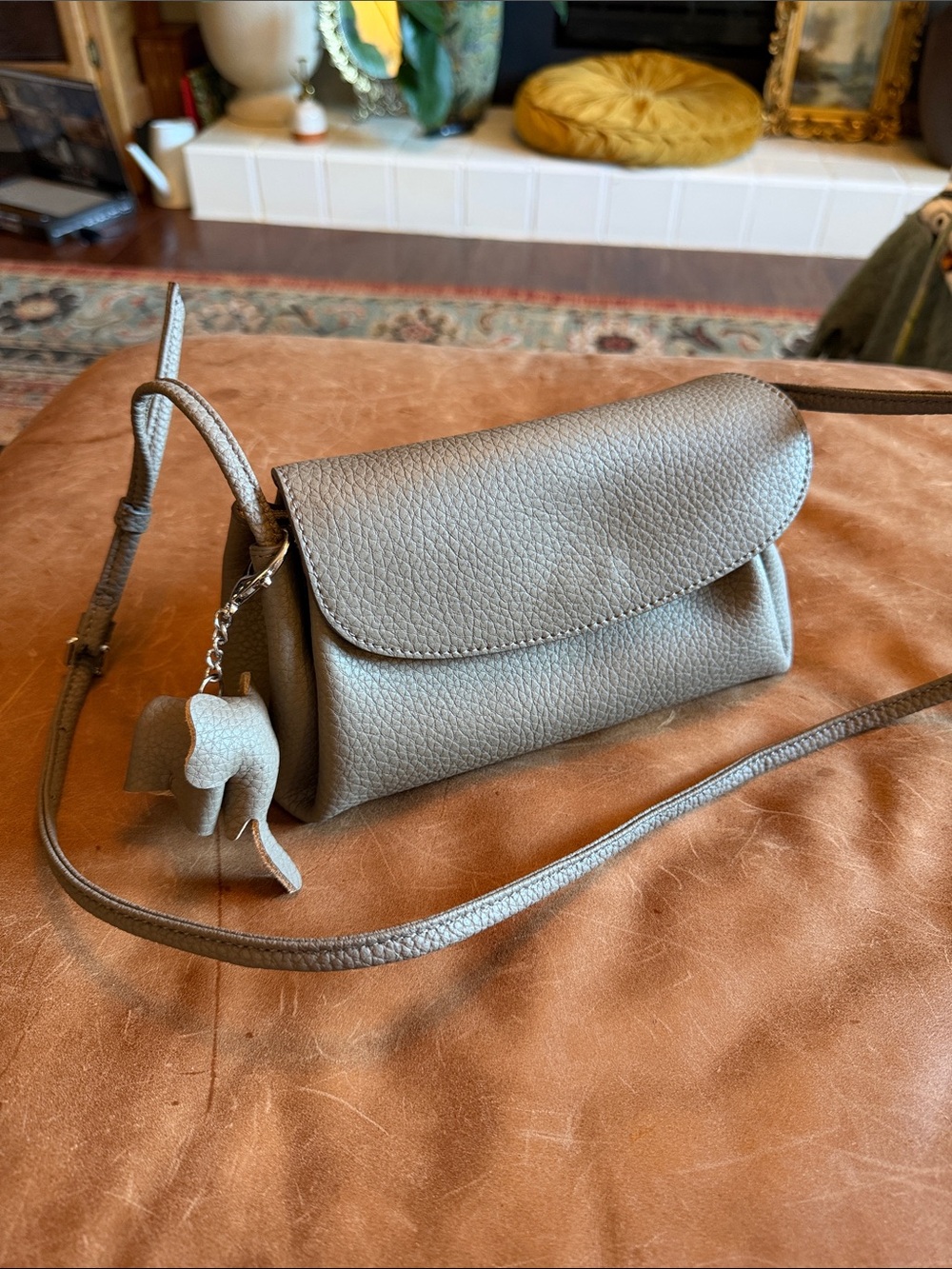 Gray Leather Crossbody Bag with Elephant Charm
